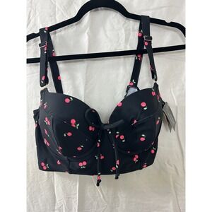 Smart And Sexy Black Swim Bra Top Cherry Print 34DD Rockabilly Retro New w/Tags